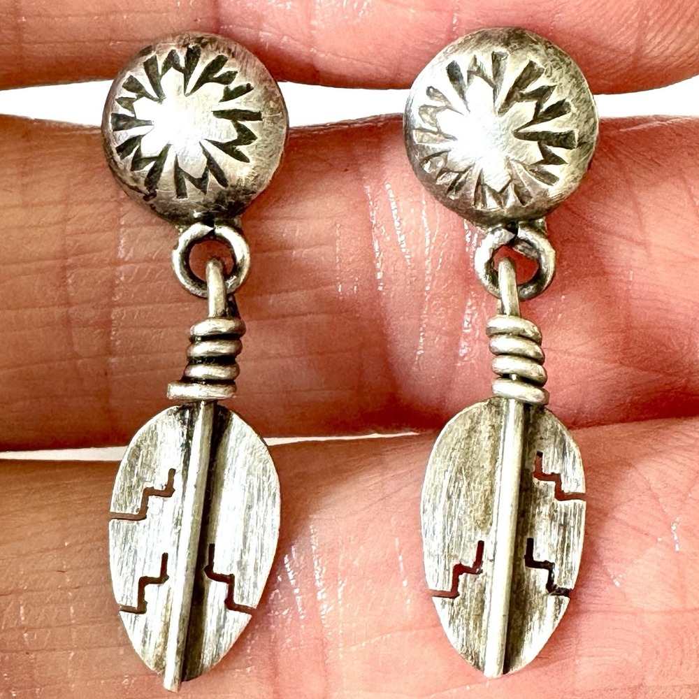 VTG Navajo Earrings Feather Post Dangle Sterling Native American USA